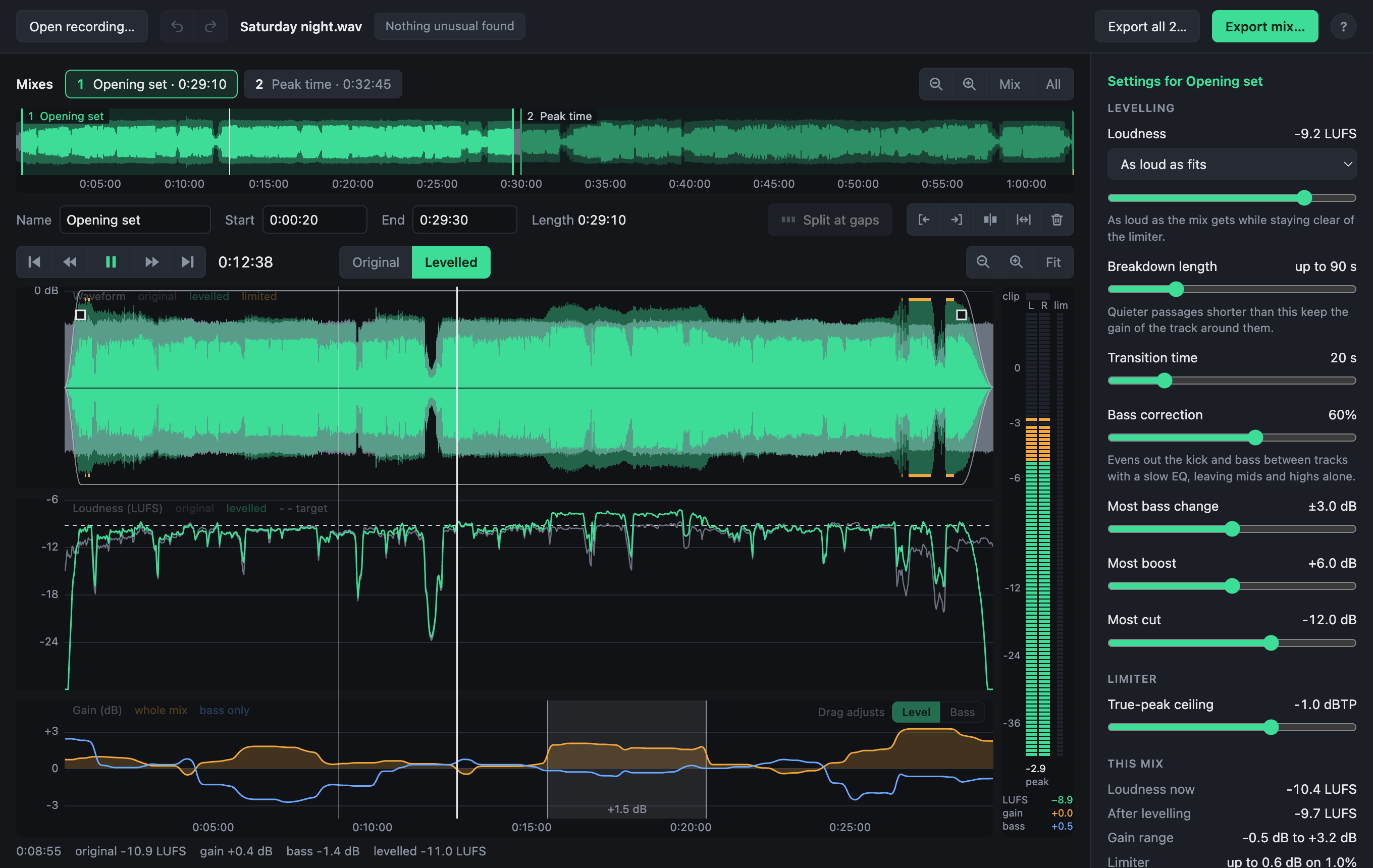 The DJ Mix Master window: a recording with two mixes marked, the first shown with a fade at each end, its loudness before and after, and the gain being applied.
